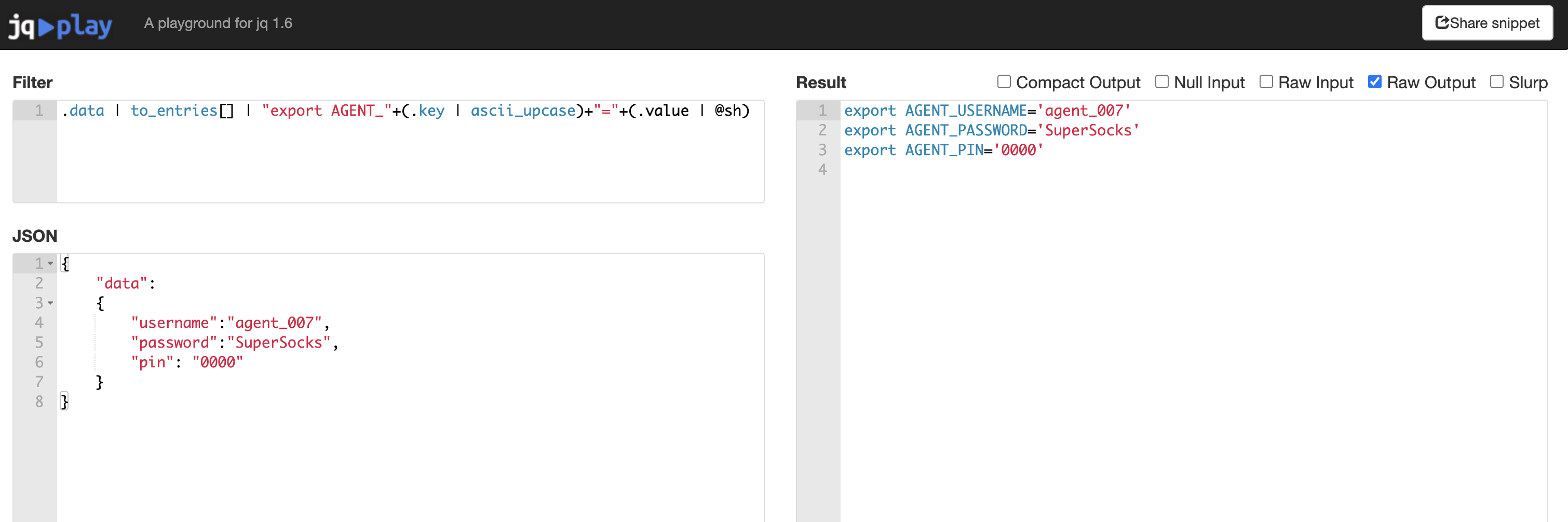 Screenshot of JQ playground converting json into shell variables