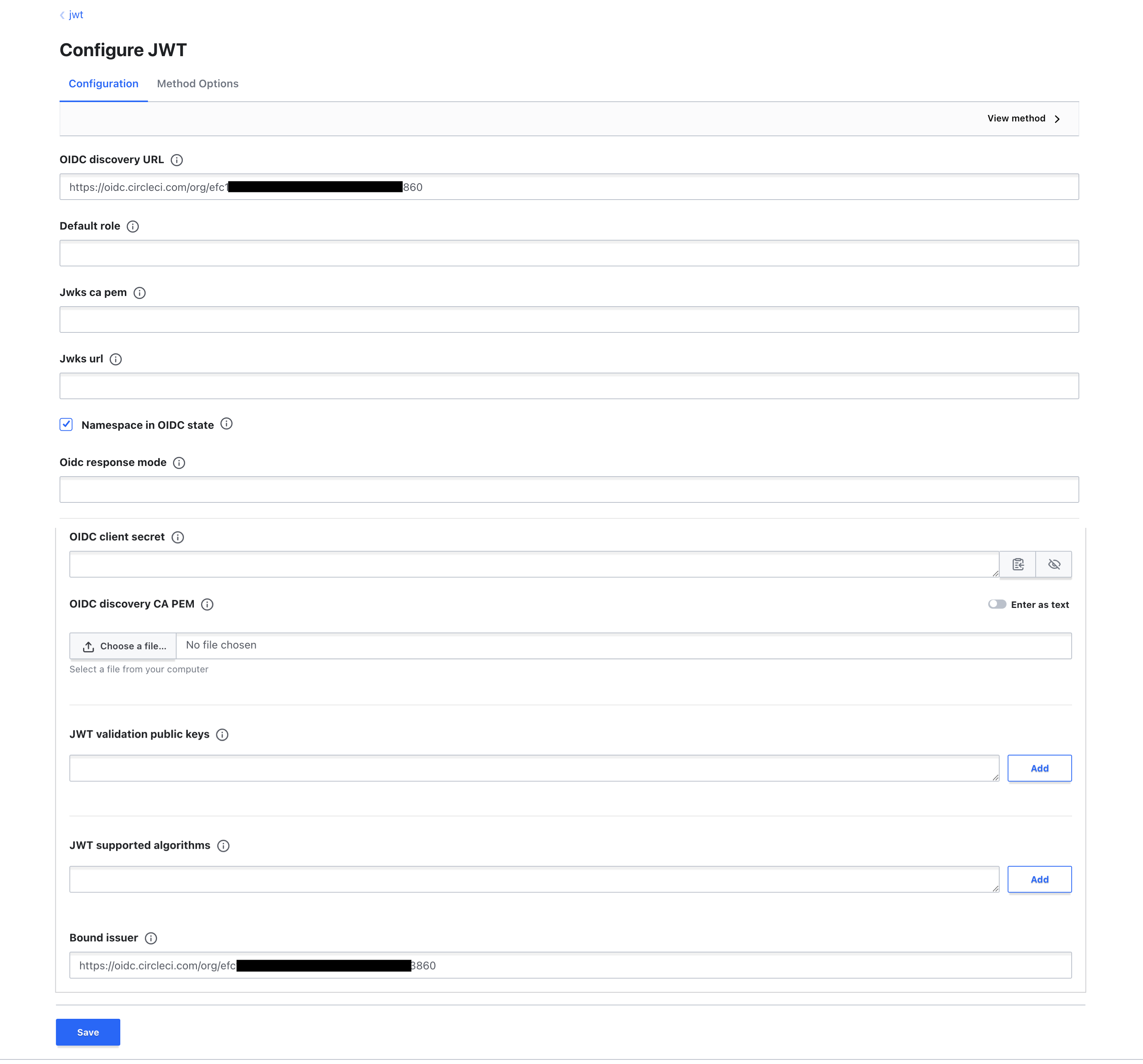 Vault Auth Config showing discoveryUrl and binding domain.