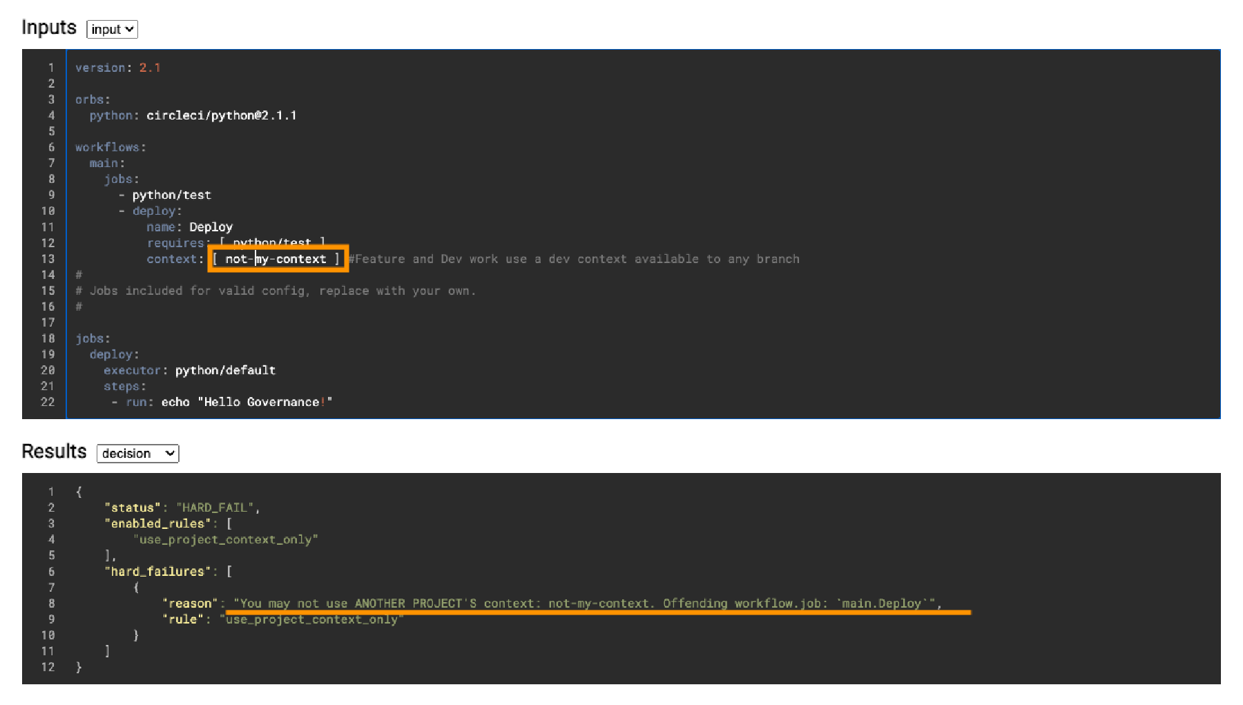 CircleCI Policy Playground showing resulting violation.